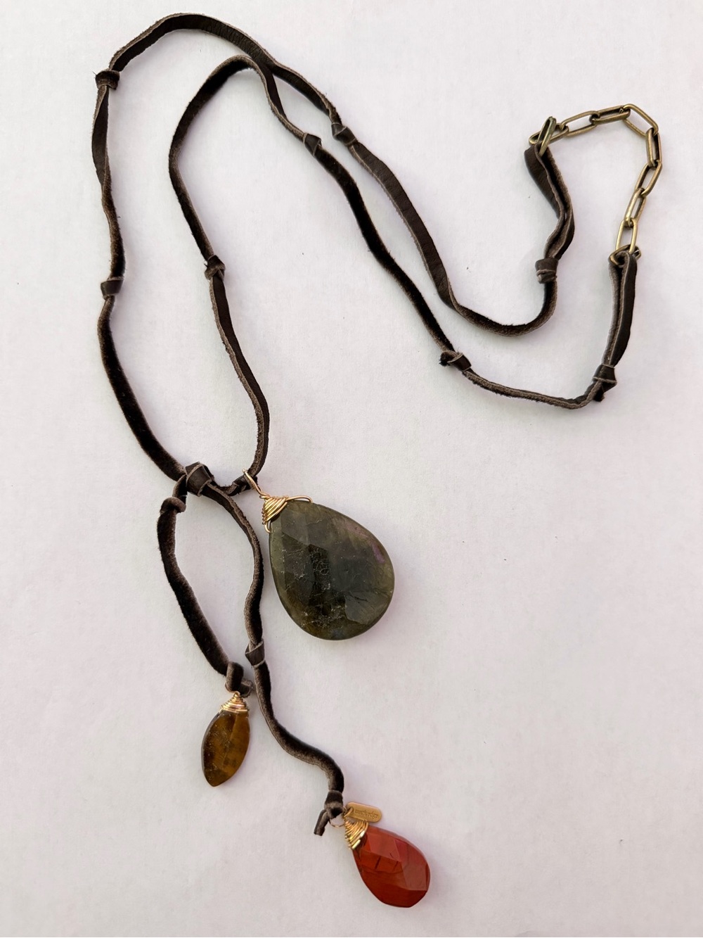 Handcrafted Brown Suede Lariat Necklace with Green and Amber Teardrop Stones
